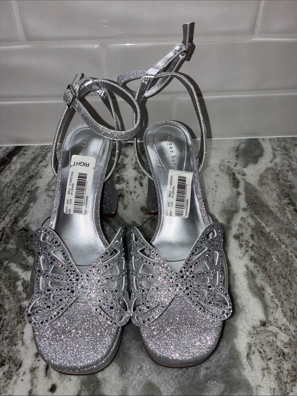 Silver Glitter Butterfly Heeled Sandals - Women by Copper Key.